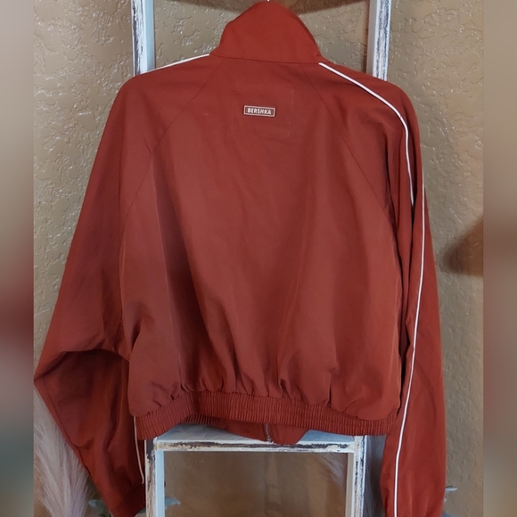 Bershka Orange Zipper Crop Jacket White Stripe Sz L Preppy Revival Tenniscore - Picture 5 of 13